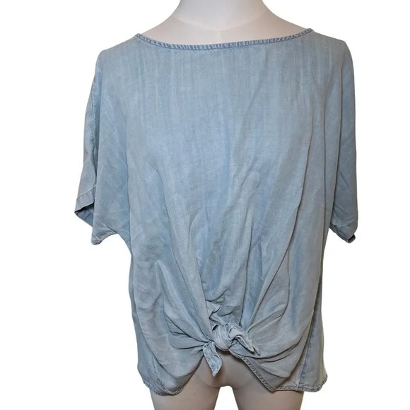 LOFT Chambray Knot Front Top Short Sleeve Blouse Women's M - Picture 1 of 11